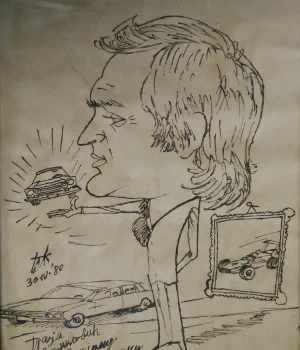 Illustrasjon av en person foran et speil og en bil på en tavle, datert 30.11.80.