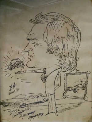 Illustrasjon av en person foran et speil og en bil på en tavle, datert 30.11.80.